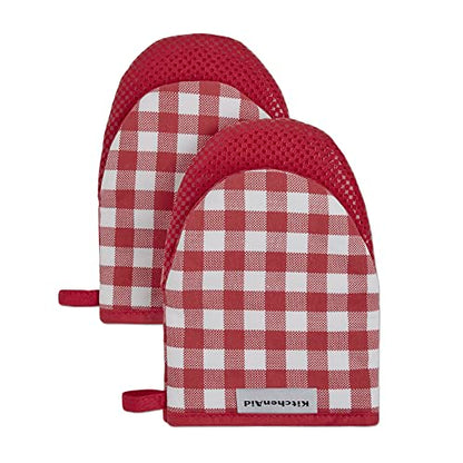 KitchenAid Gingham Cotton Mini Oven Mitt 2-Pack Set, Passion Red, 5.5"x8" - color: Passion Red