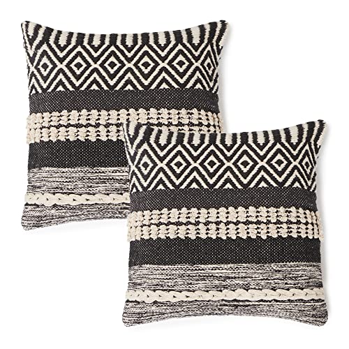 · REDEARTH · Textured Handwoven Throw Pillow Cases - Char Delineate Black | 100% Cotton, 18x18"; Woven Tufted Decorative Farmhouse Cushion Covers; Set for Couch, Sofa, Bed, Chair, Dining, Covered Patio - color: Char Delineate Black, size: 18" x 18" (Pack