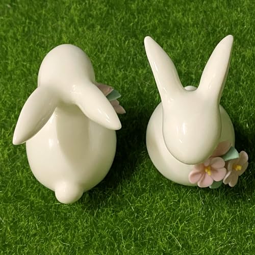 Set of Mini Ceramic Rabbit Figurines, Porcelain Easter Bunny Decorations for Home, Tabletop Ornament, Tea Ceremony Pet (2-Flower)