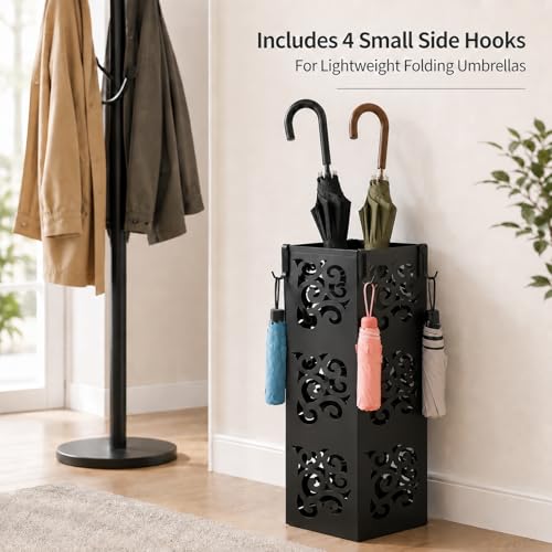 Kingrol Metal Umbrella Holder for Entryway, Square Black Umbrella Stand with Hollow Design, Freestanding Umbrella Rack for Umbrellas, Canes and Walking Sticks, 6 x 6 x 15.75 Inch