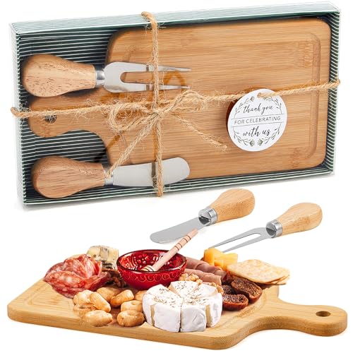 1 Set Bridal Baby Shower Cheese Prizes Wooden Square Board Gift Set Knives Forks Thank You Tags with Box for Guests for Valentines Bridal Baby Shower Housewarming Gifts (Bamboo Color) - color: Bamboo Color