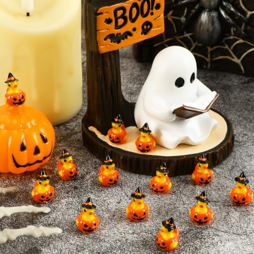 JUNEBRUSHS 50Pcs Mini Resin Ducks Halloween Tiny Pumpkin Ducks Figures | Yellow Ducks,Small Resin Animals,for Dollhouse Miniature Landscape Decor,DIY Crafts,Spooky Party Favor - style: Halloween Pumpkin Duck Style