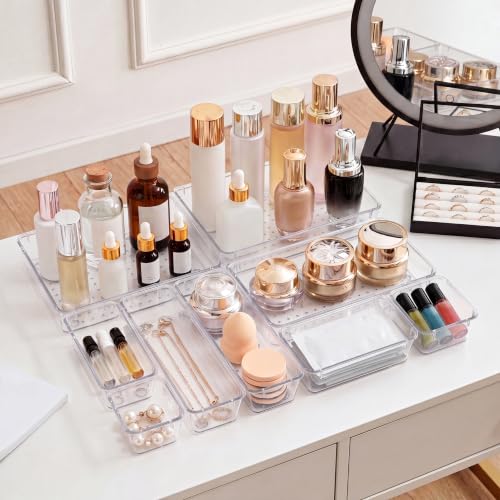 44 Pcs Makeup Drawer Organizer Set, 4 Sizes Versatile Vanity Drawer Organizer for Makeup, Non-Slip Desk Organizer Trays for Bathroom, Bedroom, Office, Fits Jewelry and Office Supplies - size: 44Pack