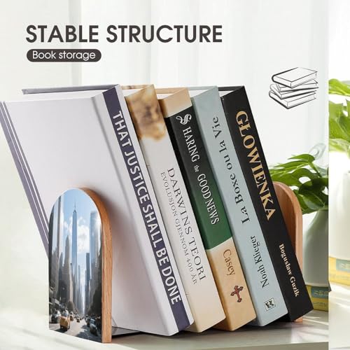 Personalized Wood Book Ends Metal Base Urban Skyscraper Street Printing Bookend Modern Heavy Duty Bookends for Home Or Office 1 Pair - color: Urban Skyscraper Street