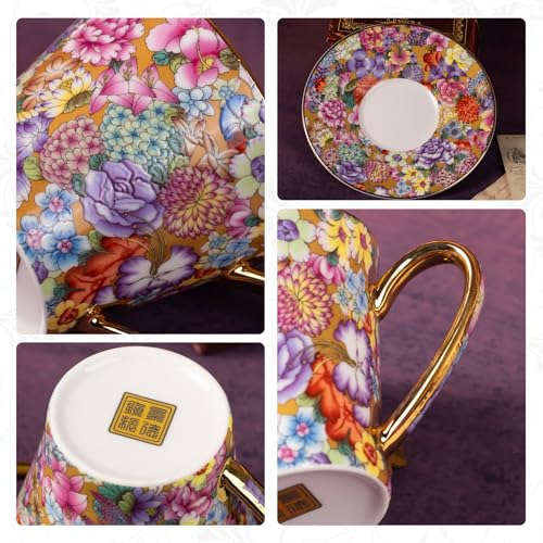 KAMMAK Tea Cup and Saucer, Ceramic Coffee Cups, 7.5 oz, Set of 2 | Porcelain Tea Cups with Saucers for Coffee and Cappuccino, Ideal for Breakfast, Afternoon Tea and Entertaining,637+638N - style: 637N+638N