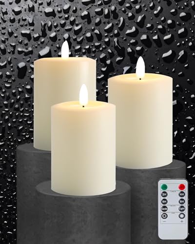 Gmnee 3"x4" Flickering Flameless Candles with Remote Timer, LED Candles | Set of 3 Ivory Battery Operated Candles, Fake Pillar Candles for Fireplace, Centerpiece and Rustic Decor (Real Wax) - color: Ivory - D3"H4"