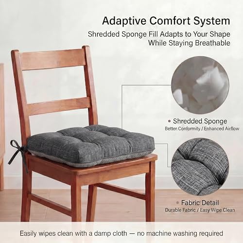 Chair Cushions for Dining Chairs Set of 4, 15.5" x 15.5" x 3.5" Kitchen Chair Cushions with Ties, Upgraded Silicone Non-Slip Bottom, Premium Shredded Memory Foam Chair Pads, Grey - color: Dark Grey
