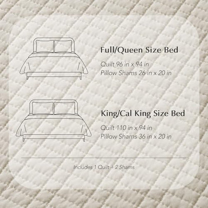 100% Cotton Modern Grid Stitch Quilt Set, King Size, Birch | Pre-Washed Cotton Coverlet Bedspread, Oversized Lightweight 3-Piece Bedding Set for All Season, with 2 Pillow Shams - color: Birch, size: King (110" X 94")