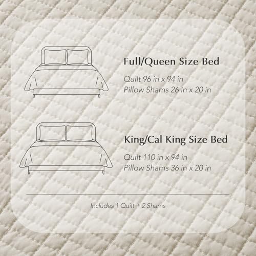 100% Cotton Modern Grid Stitch Quilt Set, Queen Size, Birch | Pre-Washed Cotton Coverlet Bedspread, Oversized Lightweight 3-Piece Bedding Set for All Season, with 2 Pillow Shams - color: Birch, size: Full/Queen (96" X 94")