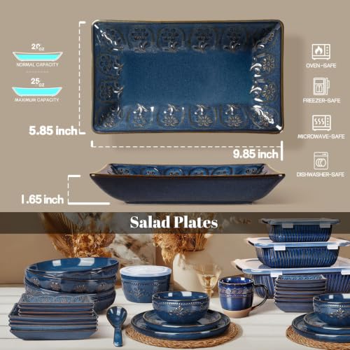Salad Plates Set of 4, 9.85" Embossed Ceramic Rectangular Appetizer Plates, Deep Lipped Edges, Microwave & Dishwasher Safe, Dessert Sushi Pasta Serving Plates (Blue, Pinwheel Flower) - color: Blue (Pinwheel Flower), size: 9.85 inch