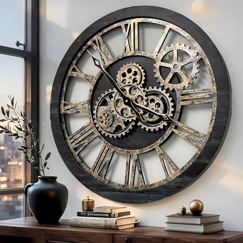 The Gears Clock The Original Real Moving Gear Wall Clock Vintage Industrial Oversized Rustic Farmhouse (24 inch (60cm), Vintage Black Wood and Bronze) - color: Vintage Black Wood and Bronze