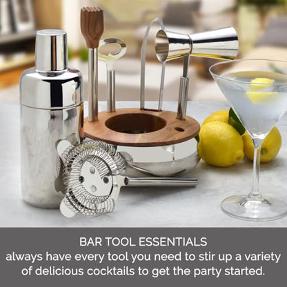 Mikasa 8-Piece Bar Tool Set with Stand - Polished Stainless Steel Cocktail Shaker, Muddler, Strainer, Jigger, Ice Tongs, Cap Lifter and Acacia Wood Organizer