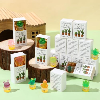 Jenaai 24 Sets Emotional Appreciation Gifts Bulk Mini Resin Cactus Cacti Work Would SUCC Without You Boxes Glow in the Dark Succulent Figurines for Coworkers Gift Employee Team Favors