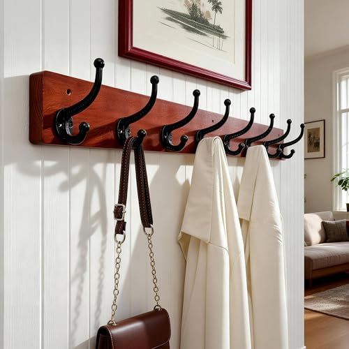 WEBI Rustic Coat Rack Wall Mount,35.43" Long 8 Cast Iron Coat Hooks Wall Mounted,Heavy Duty Wood Wall Coat Hanger Hooks for Hanging Coats,Jacket,Clothes,Backpack,Farmhouse,Cherry - color: Cherry, size: 35 Inch