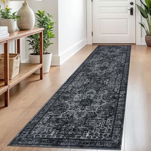 SIILOOM 2x8 Washable Runner Rug, Non Slip Soft Area Rug for Hallway Kitchen | Boho Vintage Spill & Stain Resistant Low Pile Carpet for Entryway Office Laundry Bedroom, Easy Clean - color: Black White, size: 2' x 8' (Runner)