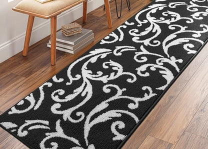 Hallway Runner Rug Non Slip Rubber Backing, 26 inch x 6 ft, Scroll, Black & White, Heavy Duty Berber Style Carpet Runner for Entryway, Kitchen, Bathroom, Bedroom, Laundry Room. - color: Scroll Black, size: 6 Foot Long Runner Rug