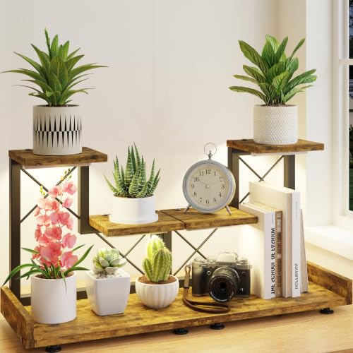 LASZOLA Plant Stand Indoor Tabletop Desk with Lights, Small 3 Tier Brown | 2 Pack Corner Shelf for Succulents, Countertop Flower Holder Display Rack Organizer for Office Kitchen Decor - color: Brown with Lights
