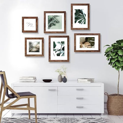 Hongkee 12x12 Picture Frame Set of 4 - Made of Glass and Rustic Brown Wooden Frame, Display Square Pictures 10x10 with Mat or 12 x 12 without Mat, Desktop & Wall Collage Photo Frame - color: Rustic Brown, size: 12x12 in