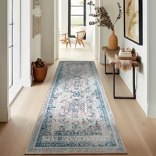 Ashler Boho Runner Rugs, Area Rugs 2x6 Vintage Rug for Entryway, Hallways Entry Rug, Indoor Area Rug for Livingroom, Bedroom, Porch, Floor, Machine Washable Carpet, Non-Slip Backing, Blue/Light Pink - color: O-blue/Light Pink, size: 2' x 6' (Runner)
