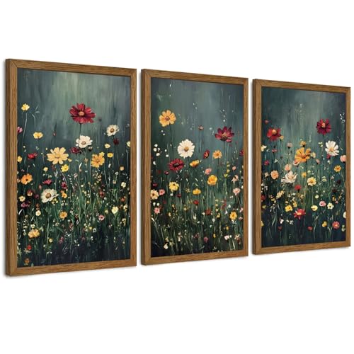 Urmoya 3 Pieces Moody Wildflower Dark Academia Floral Wall Art, 20x30 in | Vintage nature floral landscape wall decor, Wood framed, Ready to hang, Canvas art prints, over sofa, Bedroom, Office - color: Wildflower, size: 30"L x 20"W