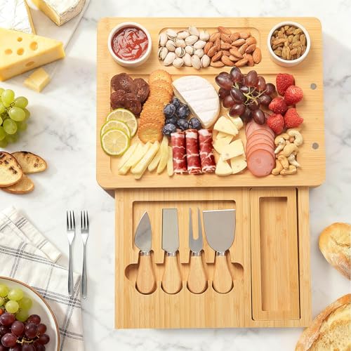 Bamboo Charcuterie Board Set with 4 Cheese Knives, Serving Platter | 1 Drawers, 4 stainless steel cheese knives, serving platter. Perfect for parties, weddings, entertaining, housewarming gift. - size: 18" x 13" x 1.3"