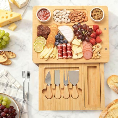 Bamboo Charcuterie Board Set with 4 Cheese Knives, Serving Platter | 1 Drawers, 4 stainless steel cheese knives, serving platter. Perfect for parties, weddings, entertaining, housewarming gift. - size: 18" x 13" x 1.3"