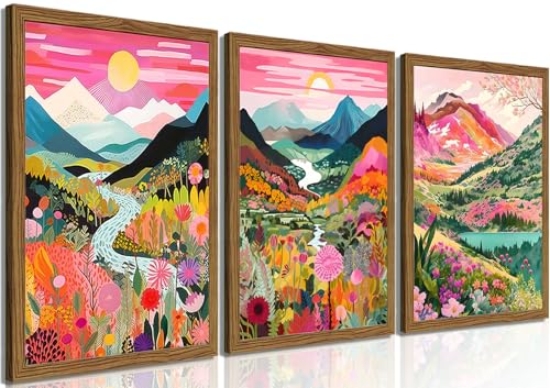Boho Colorful Mountain Wall Art Set of 3, Abstract Watercolor Landscape Flower Wall Decor Paintings, Modern Nature Sunset Forest Posters Prints for Living Room, Bedroom 12x16 Inch Wood Framed - color: Colorful Mountain, size: 16L" x 12W"