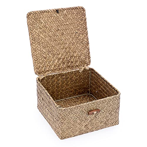 Hipiwe Small Wicker Shelf Baskets Handwoven Seagrass Storage Bin with Lid | Multipurpose Household Basket Boxes Square Basket Container for Shelves and Home Organizer, Coffee - color: Coffee, size: Small