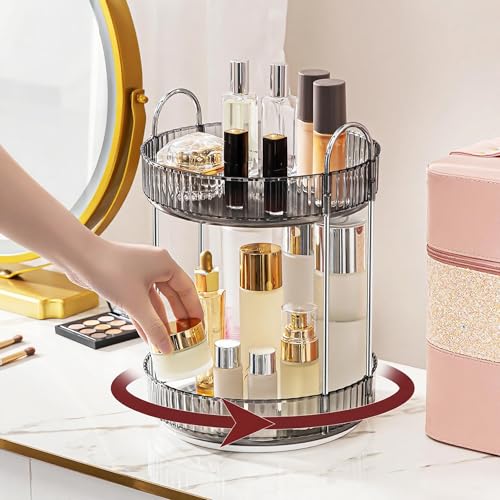 INVSSENE 360° Rotating Makeup Organizer, Bathroom Make Up Spinning Holder Rack, Large Capacity Cosmetics Storage Vanity Shelf Countertop, Fits Cosmetics, Perfume, Skincare, Lipsticks(2 Tiers, Gray) - color: Gray, size: 2 Tiers