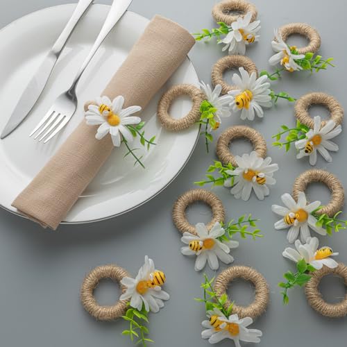 Bee and Daisy Napkin Rings, Set of 12 | White Flower Napkin Holders for Spring Parties, Weddings, Dinner Tables and Bee-Themed Table Decor