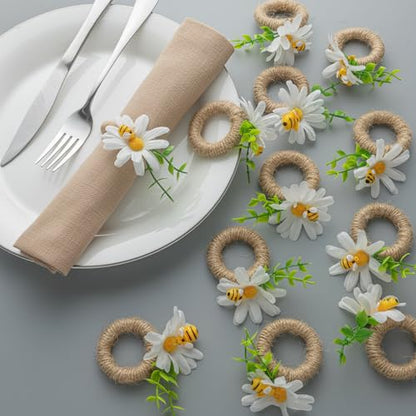 Bee and Daisy Napkin Rings, Set of 12 | White Flower Napkin Holders for Spring Parties, Weddings, Dinner Tables and Bee-Themed Table Decor