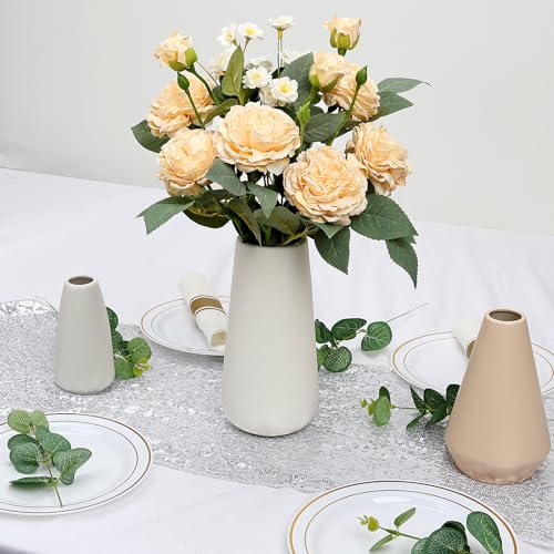 16’’ Artificial Flowers with Vase, Silk Flower Arrangements | White Ceramic Vase with Peonies Flowers Bouquet, Home Office Dining Table Centerpiece Decor, Champagne - color: Champagne