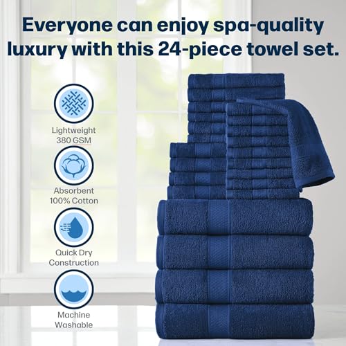 24-Piece Set of Towels, Lightweight 380 GSM Cotton Towels, Quick Drying, Absorbent Hand Towels, Fingertip Towels, Bath Towels, & Washcloths, Navy - color: Navy