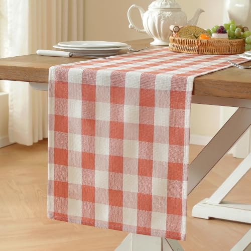 Laolitou Orange Checkered Table Runner, Cotton Linen Gingham Table Runners, Classic Buffalo Plaid Farmhouse Table Decor, 13x90 Inches - color: Orange, size: 90" x 13" (Rectangular)