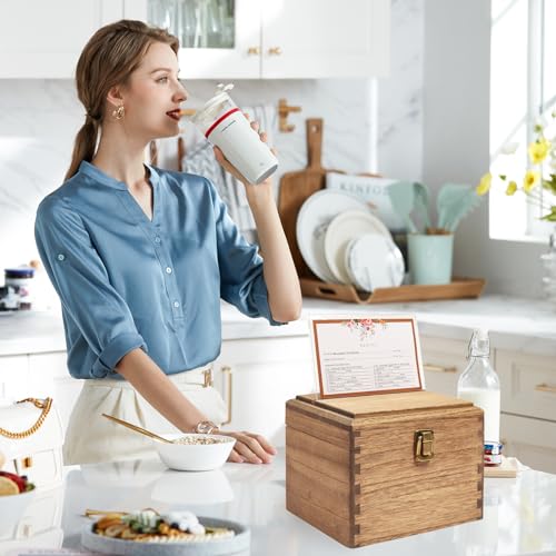 KIRIGEN Wooden Recipe Box with Cards and Dividers, 2 Compartments, Brown | Recipe Card Box Includes About 100 Cards, 100 Protectors, 12 Dividers, Acrylic Shield, Hinged Lid, and Metal Clasp - color: Brown