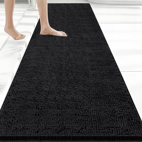 Bcoimo Bath Rug Mat, 70x24 Chenille Non Slip Black Long Bathroom Runner Rug | Extra Soft Bathroom Floor Mats;Non Slip with Rubber Back Bath Mats;High Absorbent, Quick Dry Microfiber mat; Machine Washable - color: Black, size: 70x24