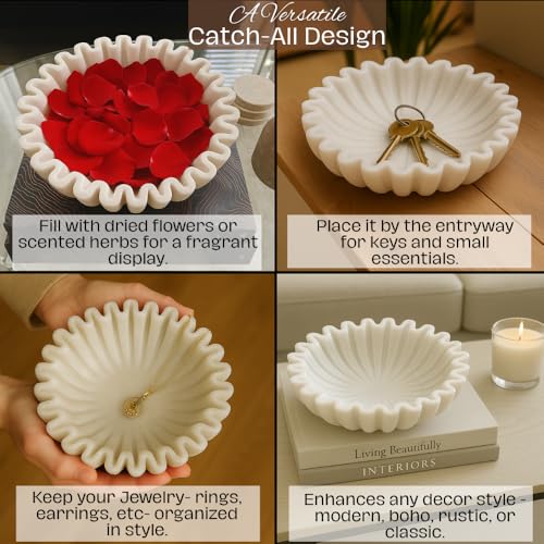 SWADESHI BLESSINGS Handcrafted Marble Ruffle Bowl for Home Decor, 8" | 100% Real White Marble, Catch-all Scalloped Fluted Decorative Bowl for Ring Dish, Fruit Bowl, Coffee&Dining Table, Gift-Ready - size: 8 Inches