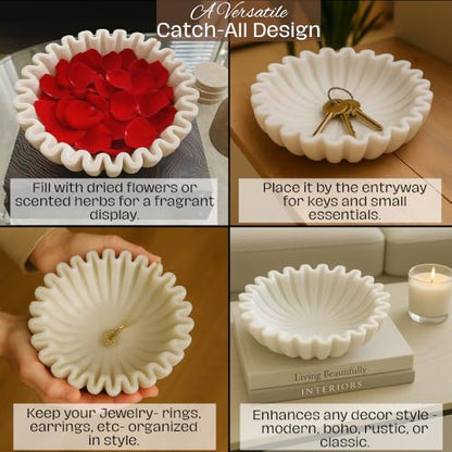 SWADESHI BLESSINGS Handcrafted Marble Ruffle Bowl for Home Decor, 8" | 100% Real White Marble, Catch-all Scalloped Fluted Decorative Bowl for Ring Dish, Fruit Bowl, Coffee&Dining Table, Gift-Ready - size: 8 Inches