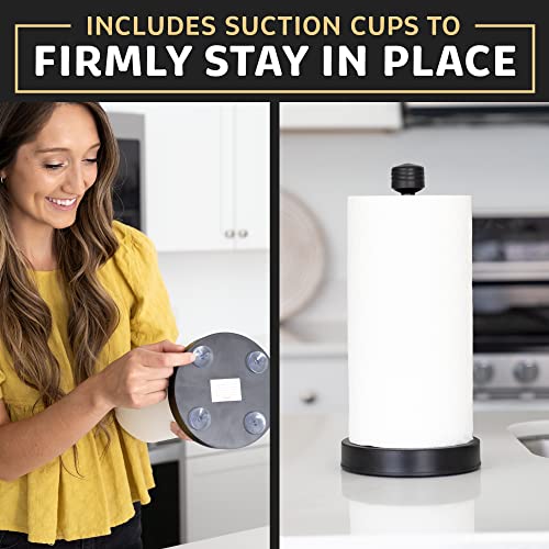 Heavy-Duty Stainless Steel Paper Towel Holder - Easy One-Handed Tear with Suction Cups - Modern Weighted Standing Countertop Dispenser for Kitchen - Holds All Paper Towel Rolls, Black - color: Black