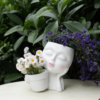 Lady Face Planter Pots Head - Double Cute Planters for Indoor Plants, Flower & Succulent with Drainage Holes, Novelty Head Plant Pot for Home Garden Succulents Cactus White - color: White-b