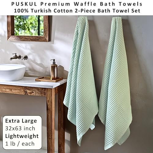 PÜSKÜL 2-Piece Natural 100% Turkish Cotton Waffle Bath Towels Extra-Large | Ice Green, 32x63" Bath Sheet Towel, Light Soft Absorbent Quick-Dry Lint-Free Premium Honeycomb Weave Oeko-Tex Made in Turkiye - color: Ice Green