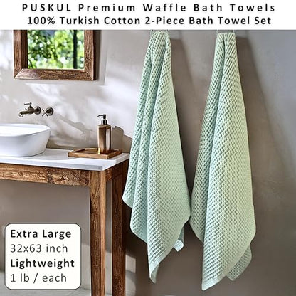PÜSKÜL 2-Piece Natural 100% Turkish Cotton Waffle Bath Towels Extra-Large | Ice Green, 32x63" Bath Sheet Towel, Light Soft Absorbent Quick-Dry Lint-Free Premium Honeycomb Weave Oeko-Tex Made in Turkiye - color: Ice Green
