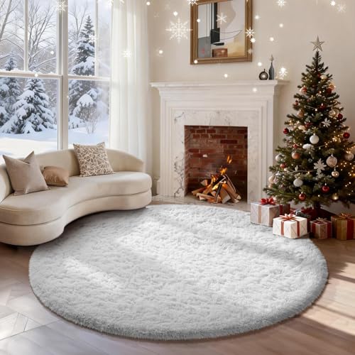 Ophanie Round Rug 5Ft White Circle Area Rug, Aesthetic Room Decor, Fluffy Fuzzy Bedroom Carpet, Plush Soft Shaggy Living Room Rugs for Kids Home Decor, Nursery with Over 99 pcs Pile fibers - color: 4- White, size: 5' (Round)