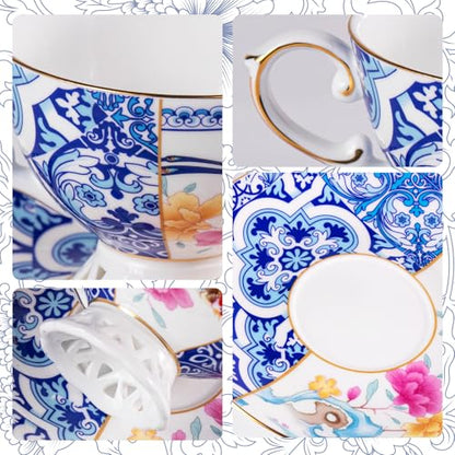 KAMMAK Tea Cups and Saucers Set of 2, Fine Bone China Coffee Cups, GH011 | Stackable Espresso Mugs, Ceramic Demitasse for Coffee, Cappuccino, Latte, Americano, Tea - size: 8KPGH011