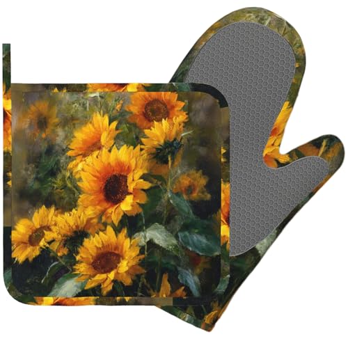 Abstract Oil Painting Sunflower Oven Mitt and Pot Holder with Silicone Heat Resistant Kitchen for Cooking BBQ Baking Grilling Cooking Protection - color: Abstract Oil Painting Sunflower