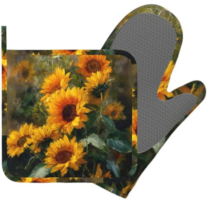 Abstract Oil Painting Sunflower Oven Mitt and Pot Holder with Silicone Heat Resistant Kitchen for Cooking BBQ Baking Grilling Cooking Protection - color: Abstract Oil Painting Sunflower