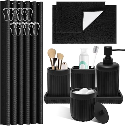 XLHOMO Matte Black Bathroom Sets with Shower Curtain and Rugs, 8-Piece Resin Bathroom Accessories Sets Complete, Soap Dispenser, Toothbrush Holder, Tumbler, Tray & Apothecary Jars Bathroom Essentials - color: Black, size: Resin Bath Set Complete