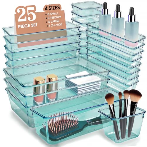 Kitchen Desk Drawer Organizers Storage for Office, Small Acrylic Vanity Trays Makeup Organizer for Drawer Bathroom Plastic Make up Organizers 25 Pcs Clear Blue - color: Clear Blue