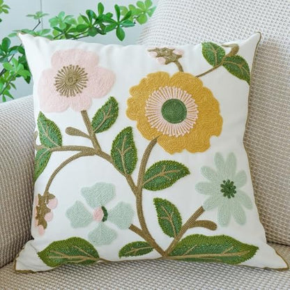 vctops Floral Embroidered Pillow Covers 18x18 Inch Spring Summer Cotton Tufted Throw Pillow Cover Outdoor Garden Cushion Case for Sofa, Bed, Living Room (Flower F,18"x18") - color: Flower F