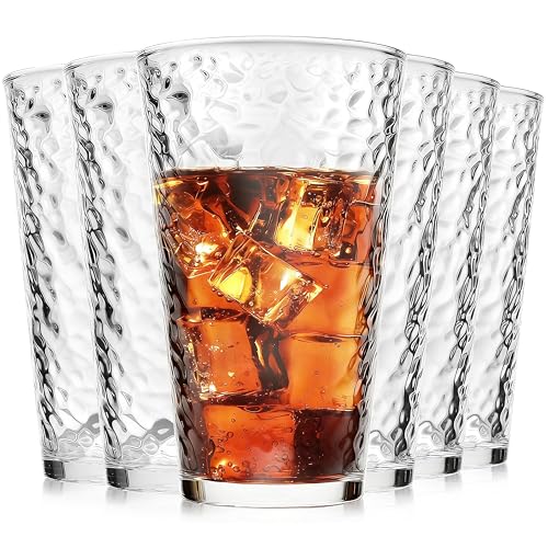 ALINK 16 oz Drinking Glasses, Set of 6 Hammered Glass Cups, Clear Heavy Base Stemmed Highball Water Glasses for Beer, Iced Coffee Cups, Cocktail Glasses, Wine, Iced Tea, Dishwasher Safe - style: Hammered